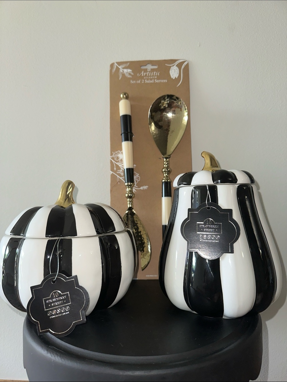 Black & White Striped Ceramic Pumpkin Canisters McKenzie Childs inspired